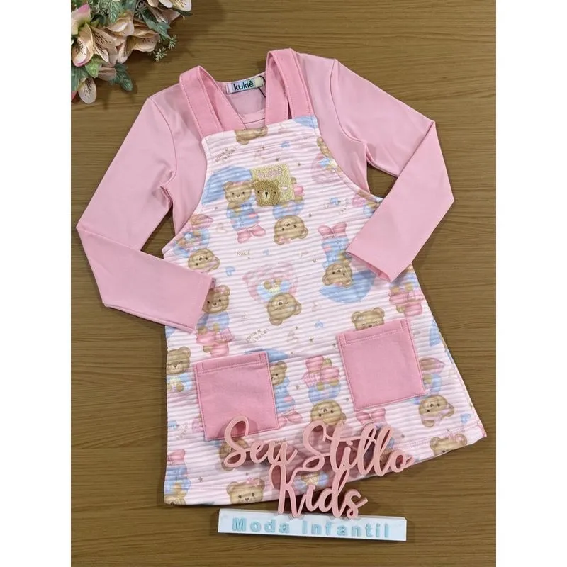 Salopete Infantil Kukiê Inverno com Blusa Térmica Rosa Ursinhos