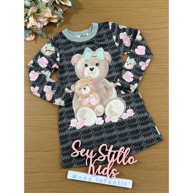 Vestido Infantil Kukie Inverno Verde Ursinha