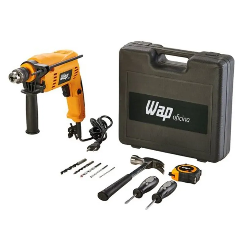 Furadeira Elétrica de Impacto WAP EFI 600k10 Mandril 3/8" 600w com Botão Trava e Maleta Amarelo
