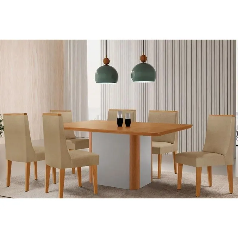 Conjunto: Mesa Sala Jantar Pietá Tampo Curvo 180cm+6 Cadeiras Dakota Madeira Naturale/Off White - Capuccino/Linho Bege - Rufato