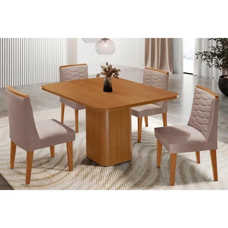 Conjunto: Mesa de Cozinha Maldivas Tampo Curvo 90cm+4 Cadeiras Maldivas Madeira Naturale - Capuccino/Linho Capuccino - Rufato
