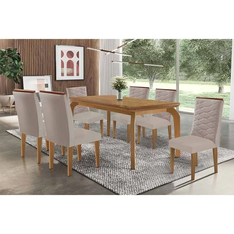 Conjunto: Mesa de Cozinha Londrina Tampo Curvo 180cm+6 Cadeiras Maldivas Madeira Naturale - Capuccino/Suede Capuccino - Rufato