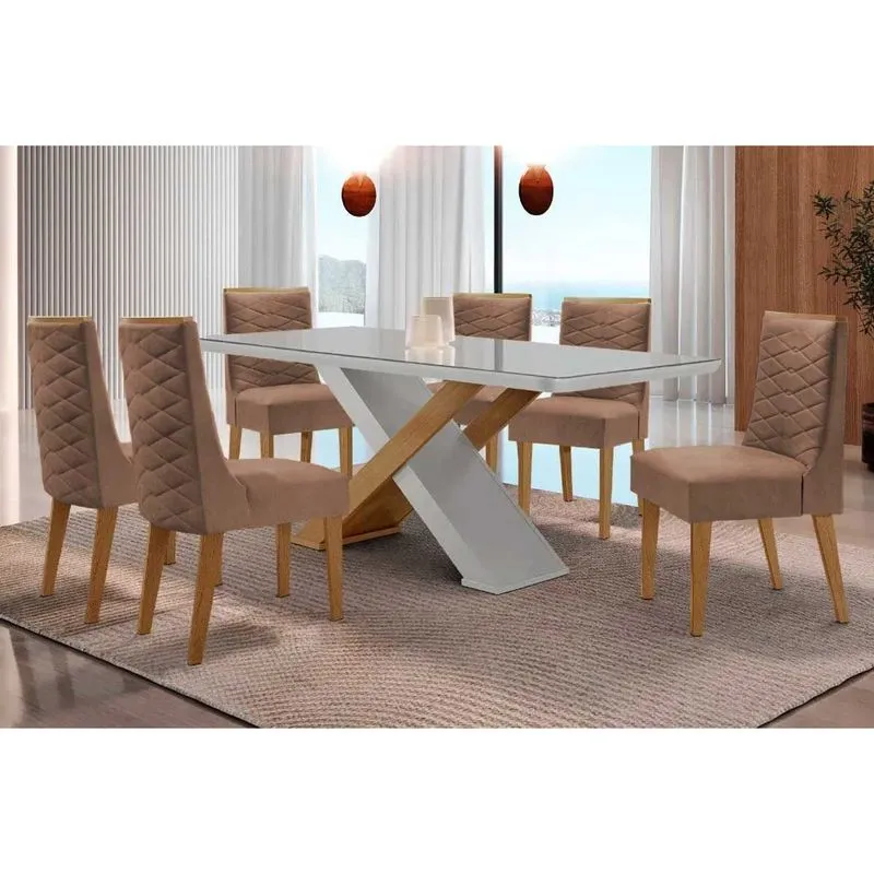 Conjunto: Mesa de Cozinha Imperatriz Tampo c/ Vidro Curvo 180cm+6 Cadeiras Dafne Madeira Naturale/Off White - Capuccino/Corano Capuccino - Rufato