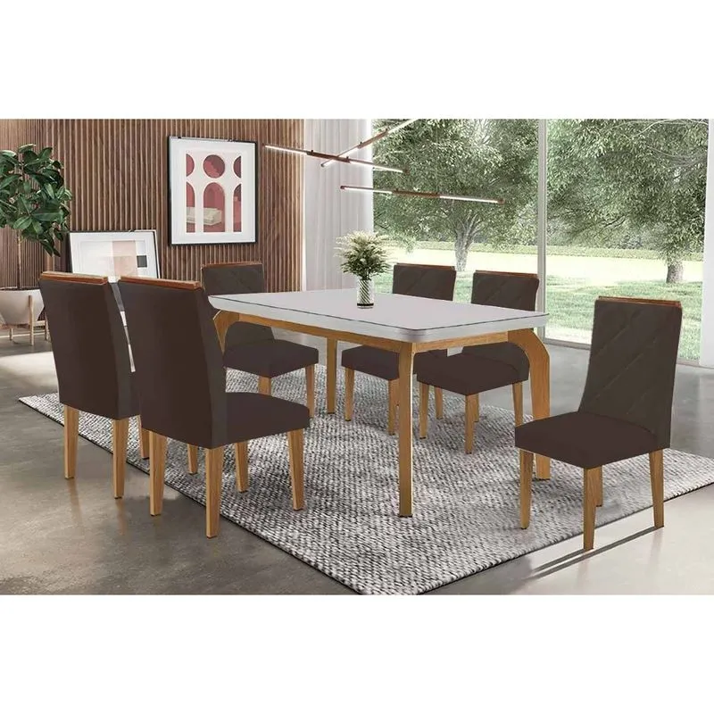 Conjunto: Mesa de Cozinha Londrina Tampo c/ Vidro Curvo 180cm+6 Cadeiras Pietá Madeira Naturale/Off White - Capuccino/Suede Marrom - Rufato