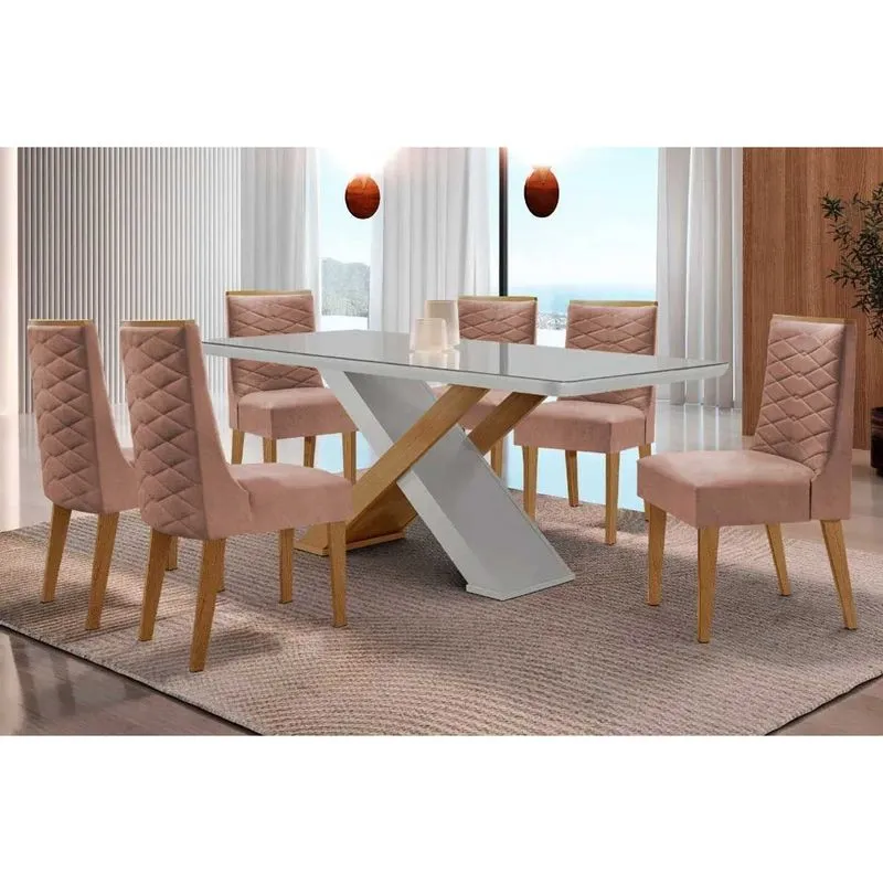 Conjunto: Mesa de Cozinha Imperatriz Tampo c/ Vidro Curvo 180cm+6 Cadeiras Dafne Madeira Naturale/Off White - Capuccino/Linho Capuccino - Rufato