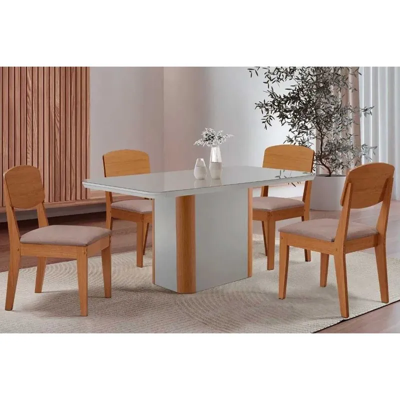 Conjunto: Mesa Sala Jantar Pietá c/ Tampo Madeirado c/ Vidro Canto Curvo 120x80cm e 4 Cadeiras Havana Naturale/Off White - Linho Capuccino - Rufato
