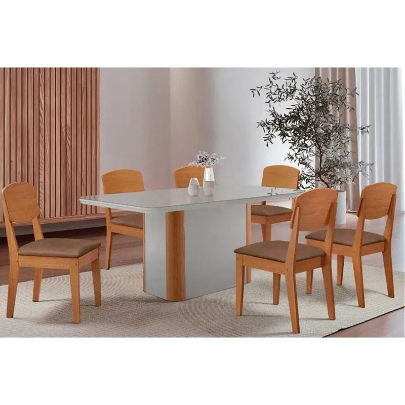 Conjunto: Mesa de Cozinha Pietá c/ Tampo Madeirado c/ Vidro Canto Curvo 180x90cm e 6 Cadeiras Havana Naturale/Off White - Corano Capuccino - Rufato