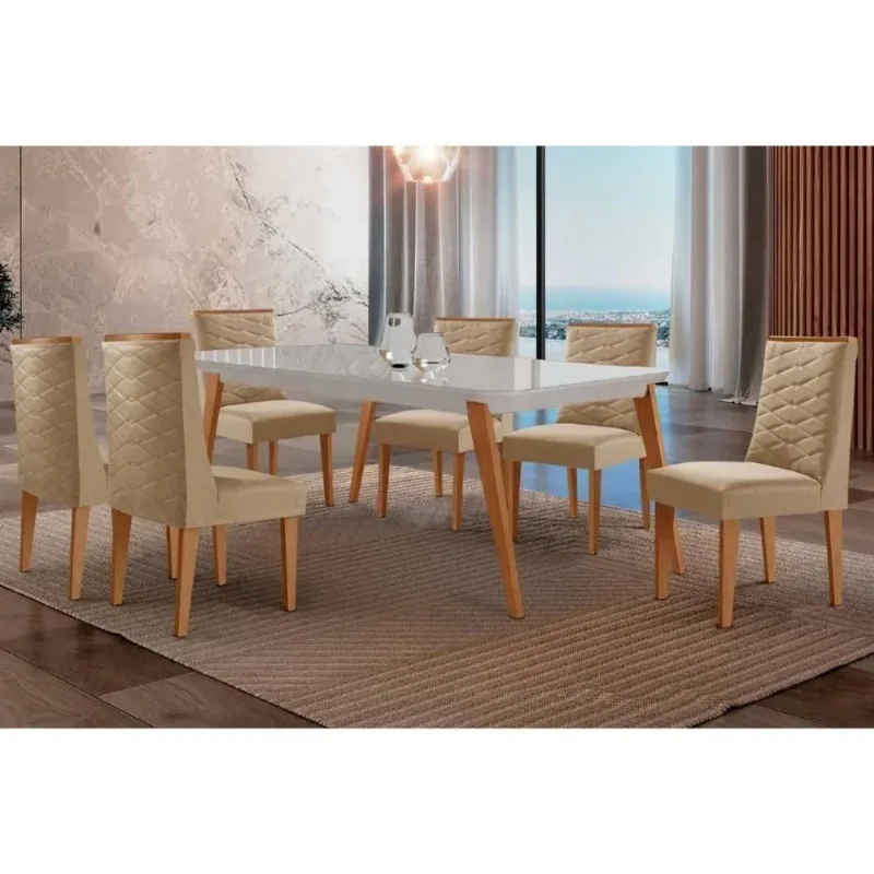 Kit 6 Cadeiras Dafne Naturale Moderno em MDF Estofado 45cm Off White Linho Bege Móveis Rufato