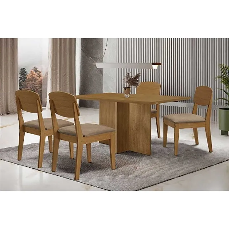 Conjunto: Mesa Sala Jantar Berlim Curvo 120cm + 4 Cadeiras Havana Naturale - Corano Capuccino - Rufato