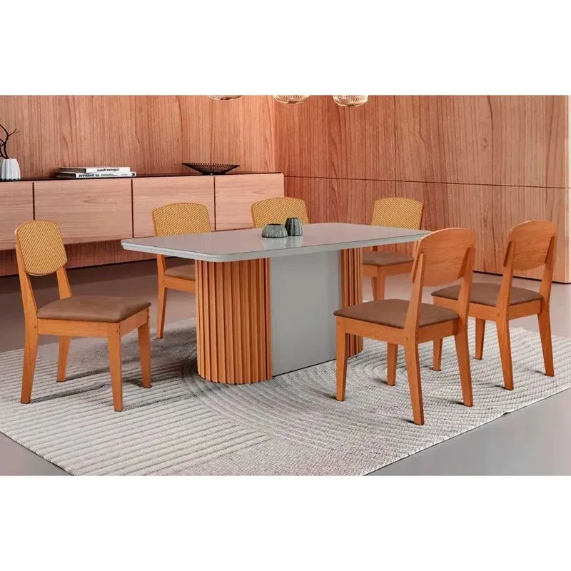 Conjunto: Mesa Sala Jantar Pilar Curvo 180cm + 6 Cadeiras Havana Naturale/Off White - Corano Capuccino - Rufato