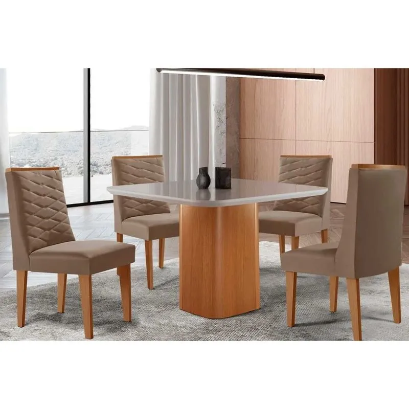 Conjunto: Mesa de Cozinha Maldivas c/ Tampo Madeirado c/ Vidro Canto Curvo 90x90cm e 4 Cadeiras Maldivas Naturale/Off White - Suede Capuccino - Rufato