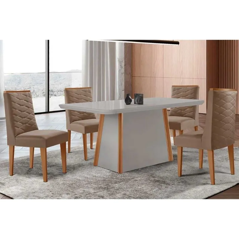 Conjunto: Mesa de Cozinha Tilia Curvo 120cm + 4 Cadeiras Dafne Madeira Naturale/Off White - Capuccino/Suede Capuccino - Rufato