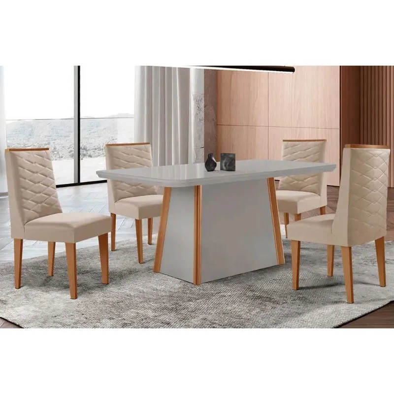 Conjunto: Mesa de Cozinha Tilia Curvo 120cm + 4 Cadeiras Dafne Madeira Naturale/Off White - Capuccino/Suede Creme - Rufato