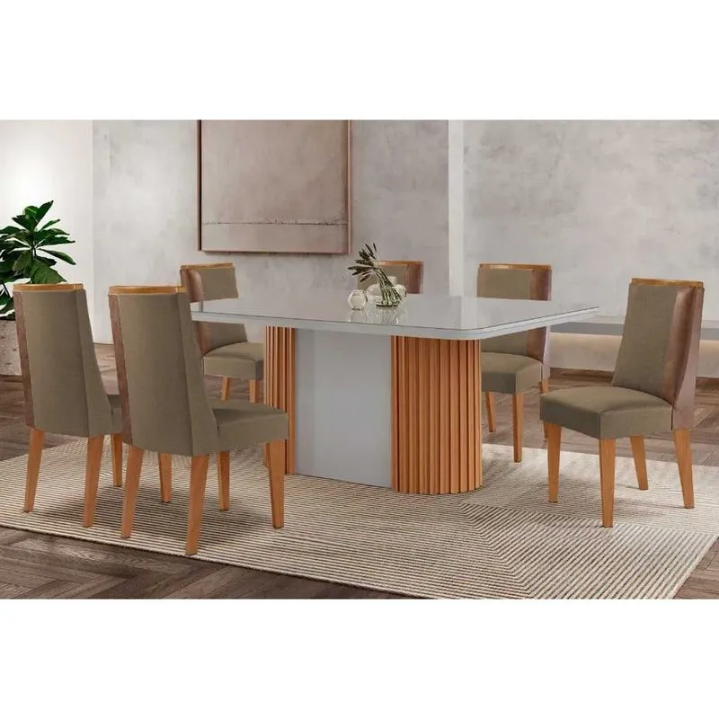 Conjunto: Mesa Sala Jantar Pilar c/ Tampo Madeirado c/ Vidro Canto Curvo 180x90cm e 6 Cadeiras Tilia Naturale/Off White - Suede Capuccino - Rufato