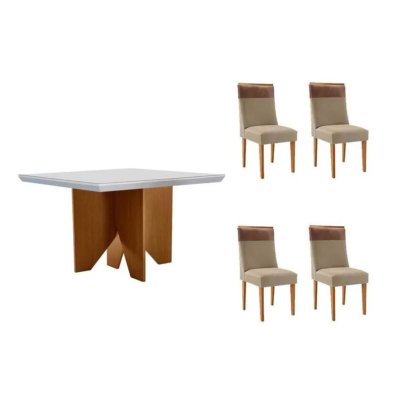 Conjunto: Mesa Sala Jantar Nevada Curvo 90cm + 4 Cadeiras Jaspe Madeira Naturale/Off White - Capuccino/Linho Bege - Rufato