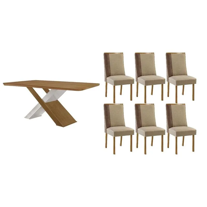 Conjunto: Mesa Sala Jantar Imperatriz Curvo 180cm + 6 Cadeiras Tilia Naturale/Off White - Suede Creme - Rufato