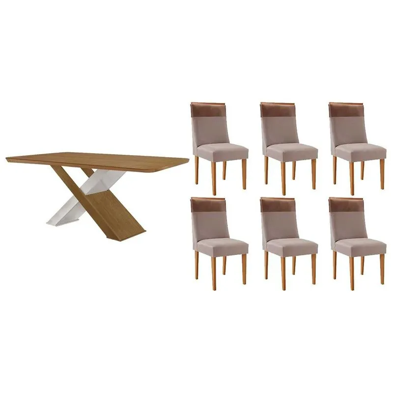 Conjunto: Mesa Sala Jantar Imperatriz Curvo 180cm + 6 Cadeiras Jaspe Naturale/Off White - Linho Capuccino - Rufato