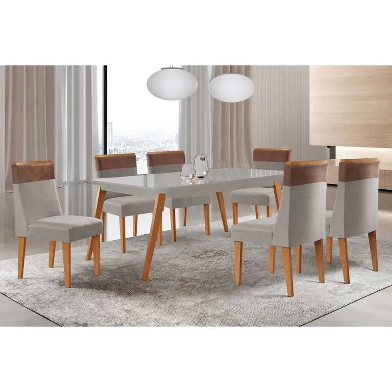 Conjunto: Mesa de Cozinha Havana c/ Tampo Madeirado c/ Vidro Canto Curvo 180x90cm e 6 Cadeiras Jaspe Naturale/Off White - Suede Capuccino - Rufato