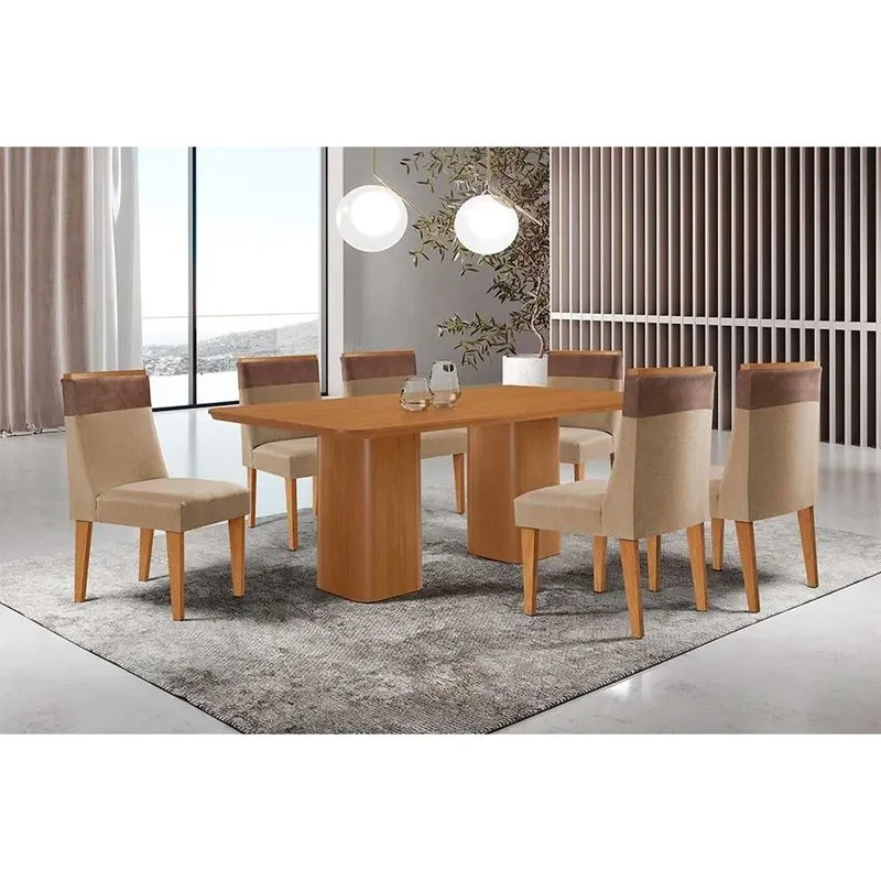 Conjunto: Mesa de Cozinha Maldivas c/ Tampo Madeirado Canto Curvo 180x90cm e 6 Cadeiras Jaspe Naturale - Linho Bege - Rufato