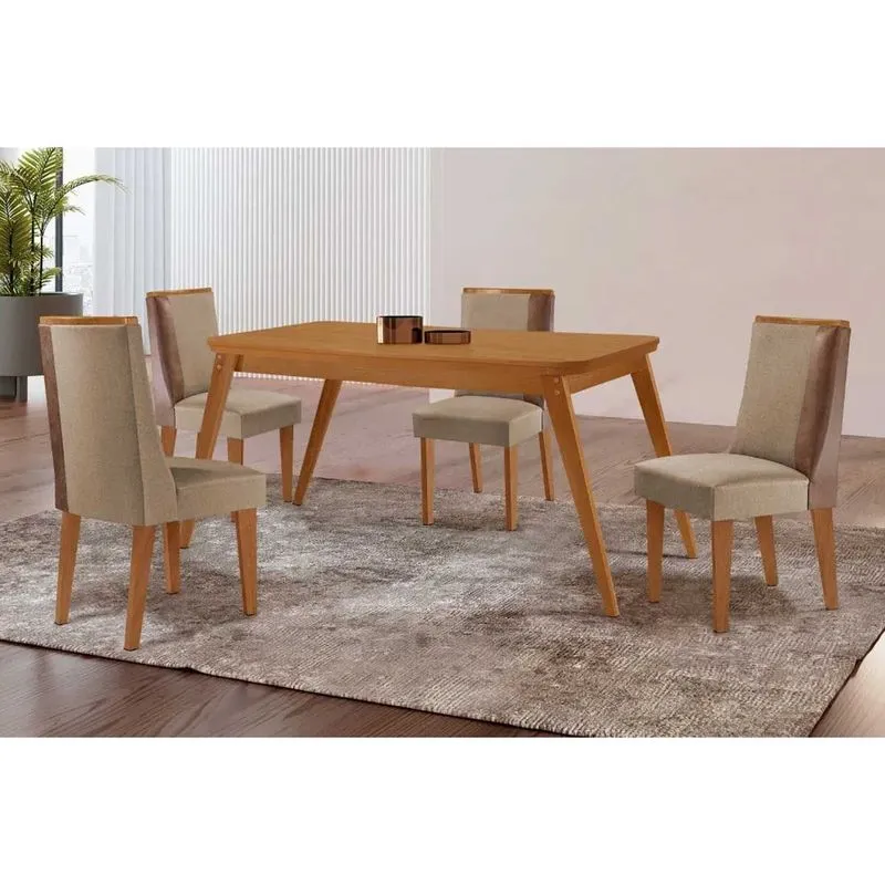 Conjunto: Mesa de Cozinha Havana c/ Tampo Madeirado Canto Curvo 120x80cm e 4 Cadeiras Tilia Naturale - Linho Bege - Rufato