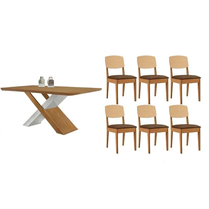 Sala Jantar Mesa Imperatriz Tampo Curvo 180cm+6 Cadeiras Havana Naturale/Off White - Suede Marrom - Rufato