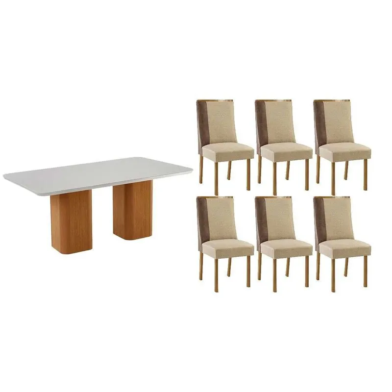 Sala Jantar Mesa Maldivas Tampo c/ Vidro Curvo 180cm+6 Cadeiras Tilia Madeira Naturale/Off White - Capuccino/Linho Bege - Rufato