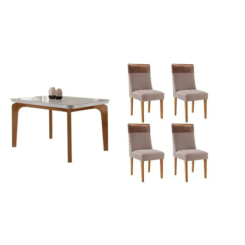 Sala de Jantar Completa Londrina c/ Tampo Madeirado c/ Vidro Canto Curvo 120x80cm 4 Cadeiras Jaspe Naturale/Off White - Linho Capuccino - Rufato