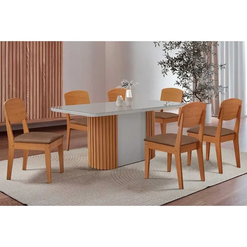 Sala de Jantar Completa Pilar c/ Tampo Madeirado c/ Vidro Canto Curvo 180x90cm e 6 Cadeiras Havana Naturale/Off White - Corano Capuccino - Rufato