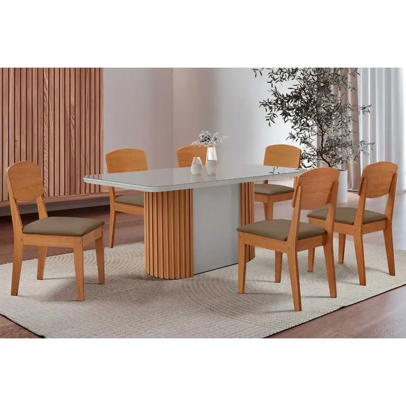 Sala de Jantar Completa Pilar c/ Tampo Madeirado c/ Vidro Canto Curvo 180x90cm e 6 Cadeiras Havana Naturale/Off White - Suede Capuccino - Rufato