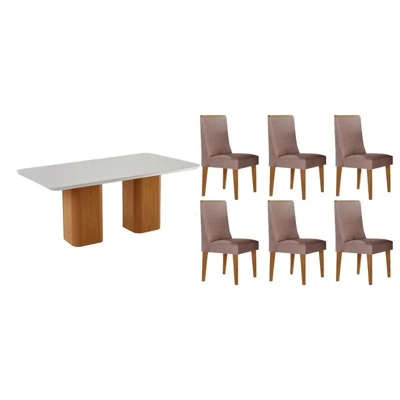 Sala de Jantar Completa Maldivas c/ Tampo Madeirado c/ Vidro Canto Curvo 180X90cm e 6 Cadeiras Dakota Naturale/Off White - Linho Capuccino - Rufato