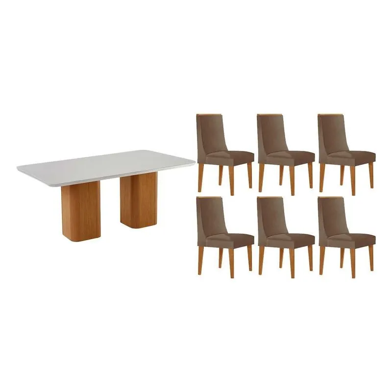 Sala de Jantar Completa Maldivas c/ Tampo Madeirado c/ Vidro Canto Curvo 180X90cm e 6 Cadeiras Dakota Naturale/Off White - Corano Capuccino - Rufato