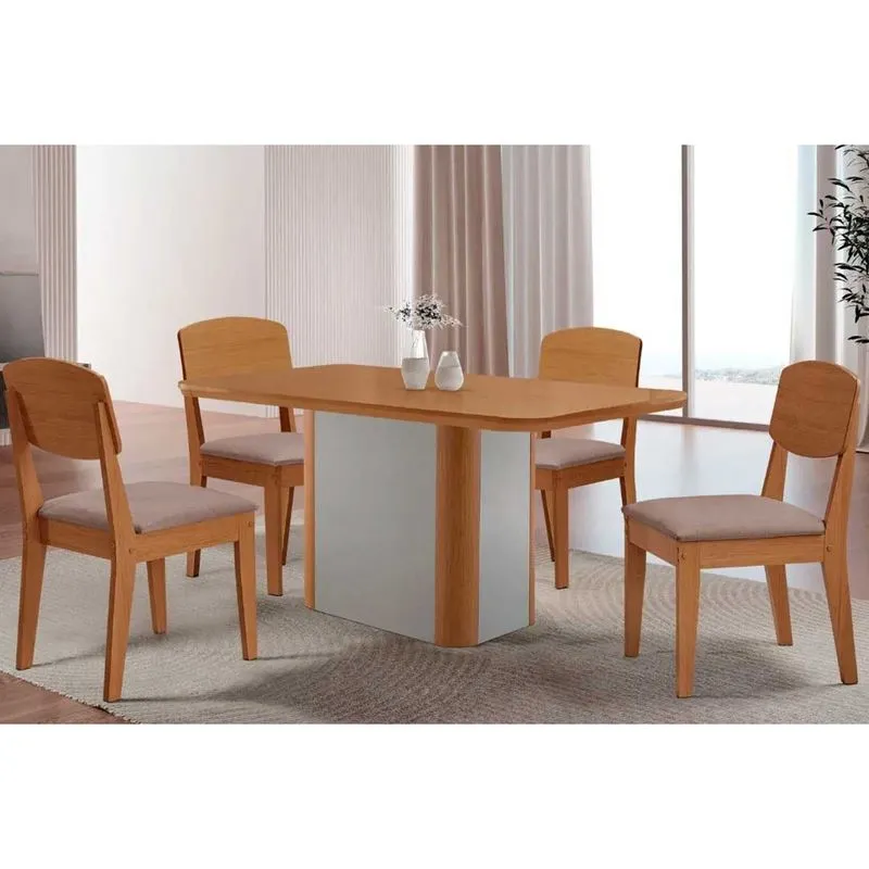 Sala de Jantar Completa Pietá c/ Tampo Madeirado Canto Curvo 120x80cm e 4 Cadeiras Havana Naturale/Off White - Linho Capuccino - Rufato