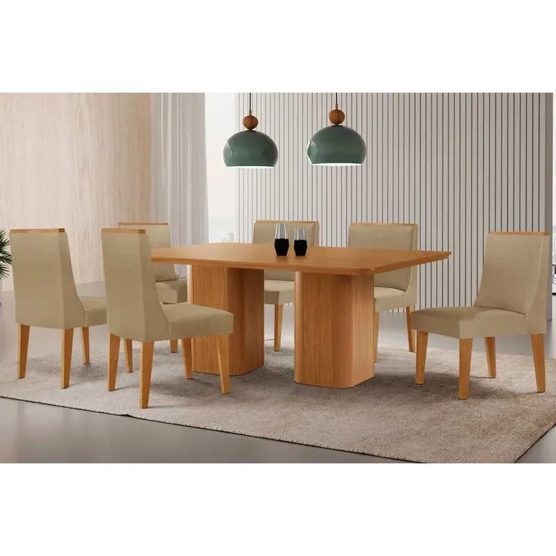 Sala de Jantar Completa Maldivas c/ Tampo Madeirado Canto Curvo 180x90cm e 6 Cadeiras Dakota Naturale - Linho Bege - Rufato