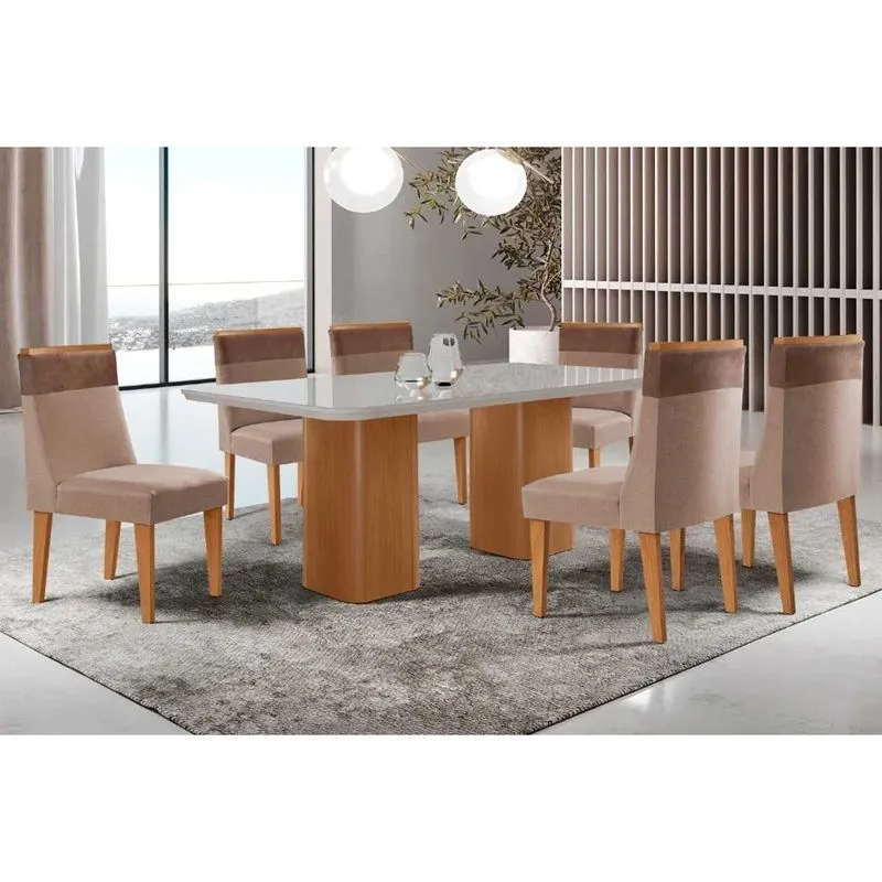 Sala de Jantar Completa Maldivas c/ Tampo Madeirado c/ Vidro Canto Curvo 180x90cm e 6 Cadeiras Jaspe Naturale/Off White - Suede Capuccino - Rufato