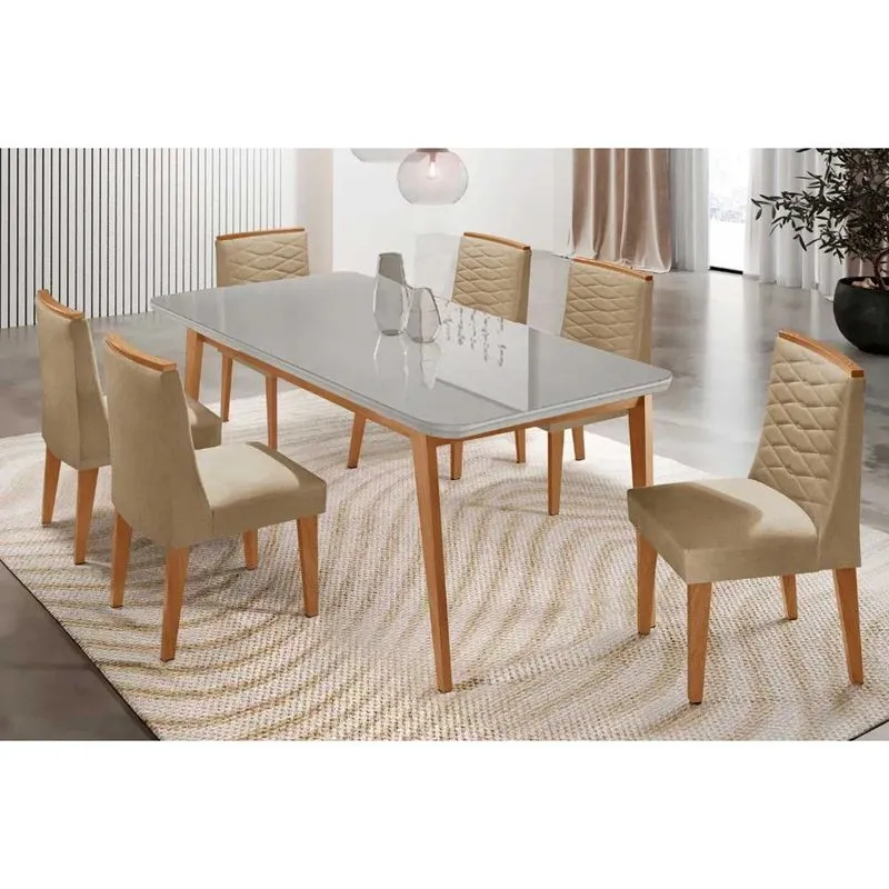 Sala de Jantar Completa Havana c/ Tampo Madeirado c/ Vidro Canto Curvo 180x90cm e 6 Cadeiras Maldivas Naturale/Off White - Linho Bege - Rufato