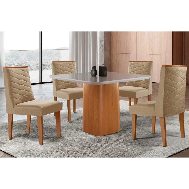 Sala de Jantar Completa Maldivas c/ Tampo Madeirado c/ Vidro Canto Curvo 90x90cm e 4 Cadeiras Dafne Naturale/Off White - Linho Bege - Rufato