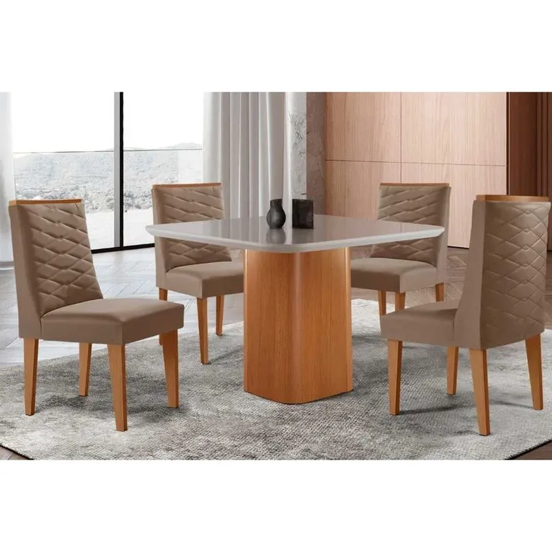 Sala de Jantar Completa Maldivas c/ Tampo Madeirado c/ Vidro Canto Curvo 90x90cm e 4 Cadeiras Dafne Naturale/Off White - Suede Capuccino - Rufato