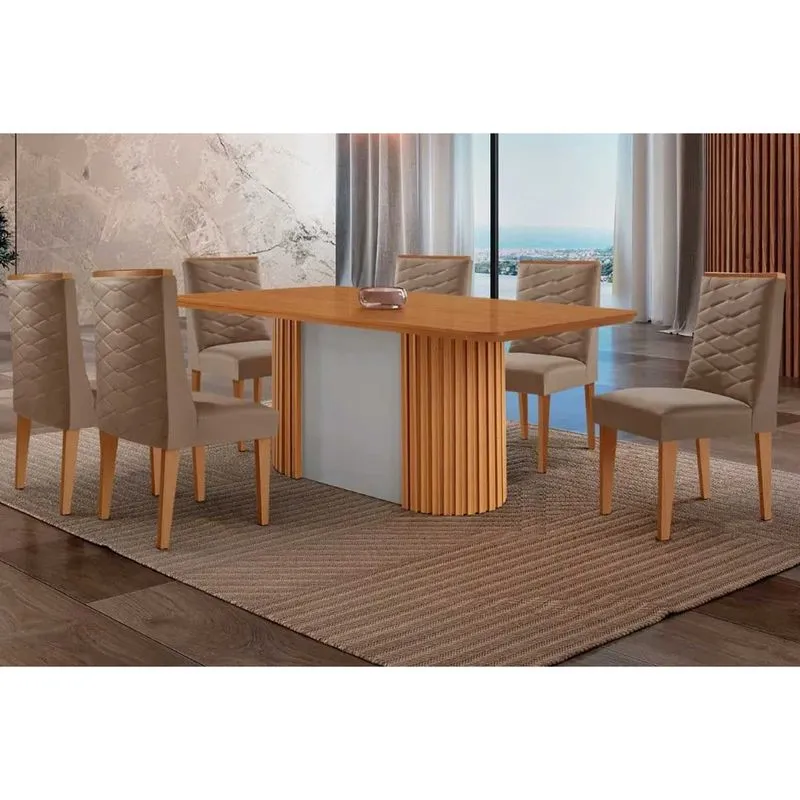 Sala de Jantar Completa Pilar c/ Tampo Madeirado Canto Curvo 180x90cm e 6 Cadeiras Dafne Naturale/Off White - Suede Capuccino - Rufato