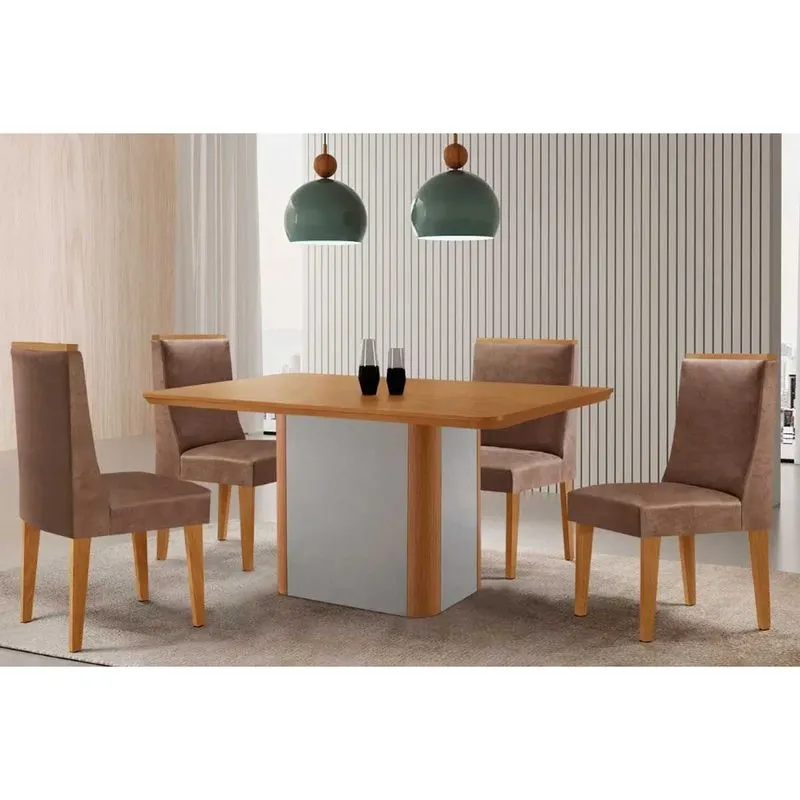 Sala de Jantar Completa Pietá c/ Tampo Madeirado Canto Curvo 120x80cm e 4 Cadeiras Dakota Naturale/Off White - Corano Capuccino - Rufato
