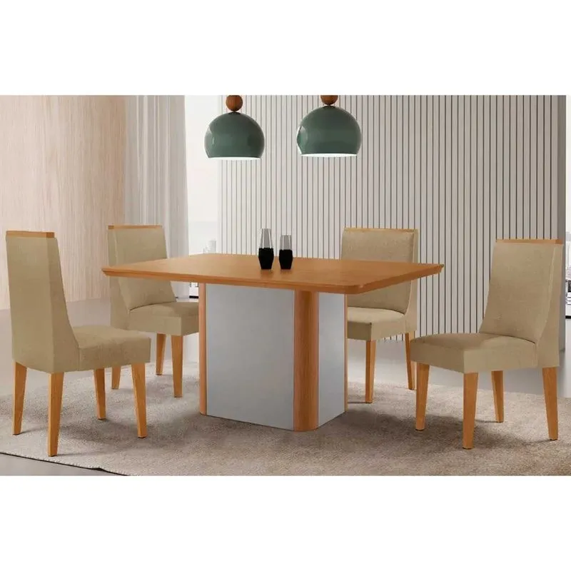 Sala de Jantar Completa Pietá c/ Tampo Madeirado Canto Curvo 120x80cm e 4 Cadeiras Dakota Naturale/Off White - Linho Bege - Rufato