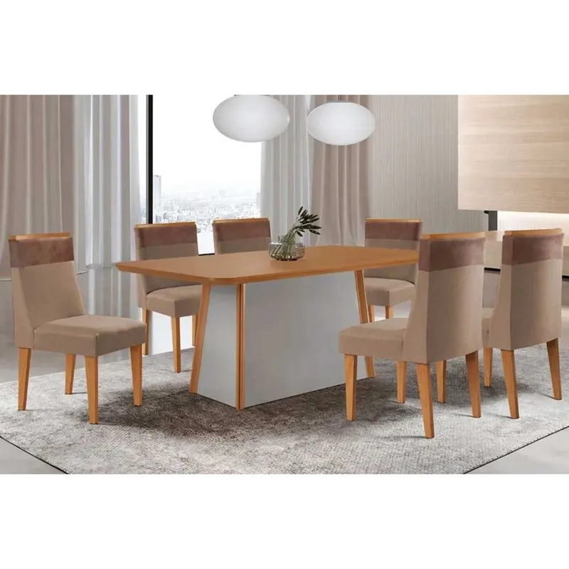 Sala de Jantar Completa Tilia c/ Tampo Madeirado Canto Curvo 180x90cm e 6 Cadeiras Jaspe Naturale/Off White - Suede Capuccino - Rufato