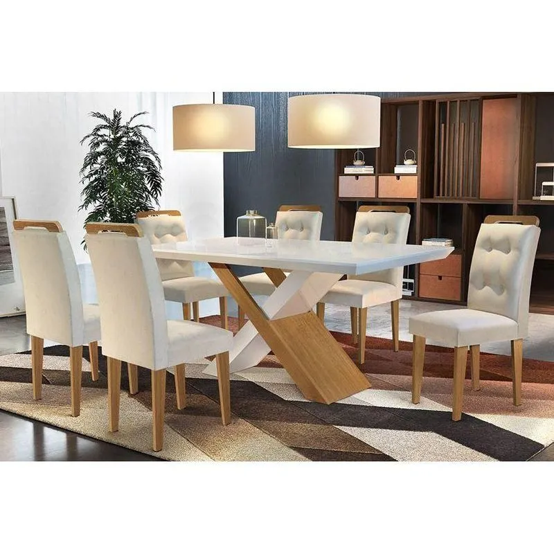 Conjunto: Mesa De Cozinha Imperatriz Tampo Madeirado C/ Vidro Canto Reto 180x90cm E 6 Cadeiras Imperatriz Capuccino/suede Creme - Rufato