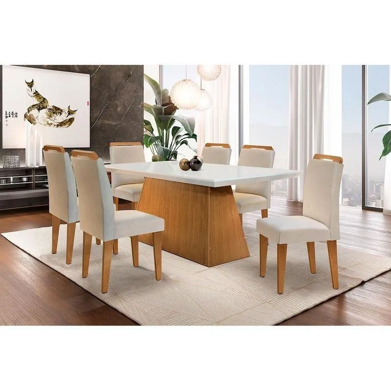 Conjunto: Mesa De Cozinha Luna C/ Tampo Madeirado C/ Vidro Canto Reto 180cm E 6 Cadeiras Athenas Imbuia -capuccino/suede Creme - Rufato
