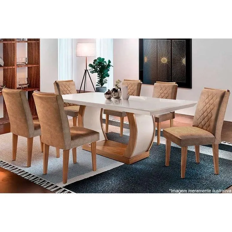 Conjunto: Mesa De Cozinha Jade Tampo Madeirado Canto Reto 180x90cm E 6 Cadeiras Jade Imbuia/suede Capuccino - Rufato