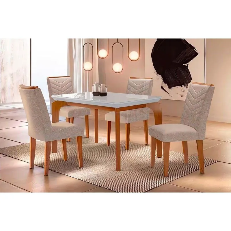 Conjunto: Mesa De Cozinha Londrina Tampo Madeirado C/ Vidro Curvo 120x80cm E 4 Cadeiras Londrina Capuccino/suede Creme - Rufato