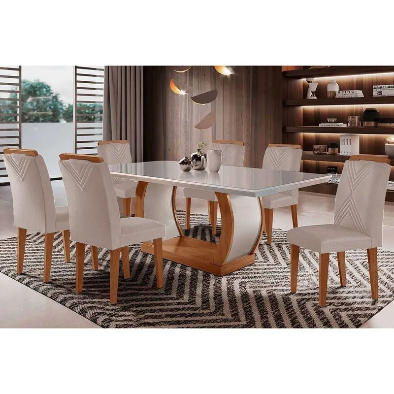 Conjunto: Mesa de Cozinha Jade Tampo Madeirado c/ Vidro Curvo 180x90 e 6 Cadeiras Amsterdã Imbuia/Suede Creme - Rufato