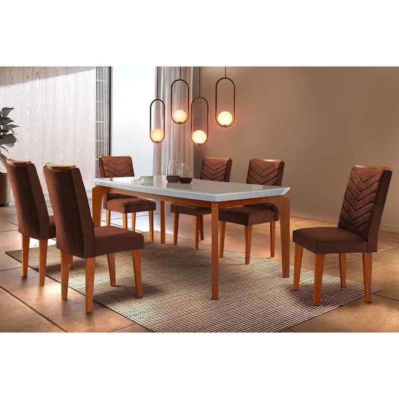 Conjunto: Mesa de Cozinha Londrina c/ Tampo Madeirado Canto Reto 180x90cm e 6 cadeiras Londrina Imbuia-Capuccino/Suede Marrom - Rufato