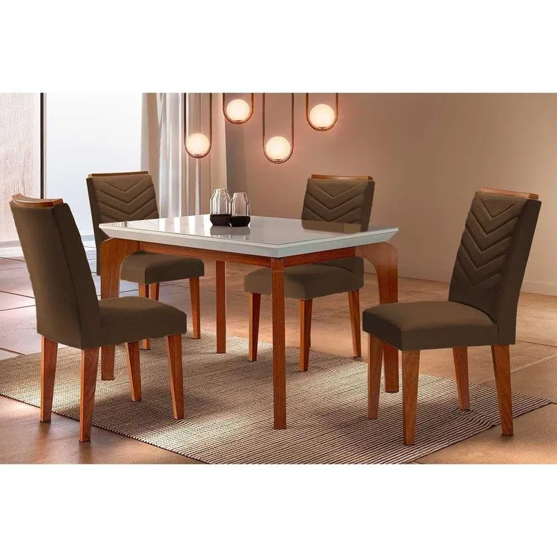 Conjunto: Mesa De Cozinha Londrina Tampo Madeirado C/ Vidro Curvo 120x80 E 4 Cadeiras Londrina Imbuia/off White - Suede Marrom - Rufato