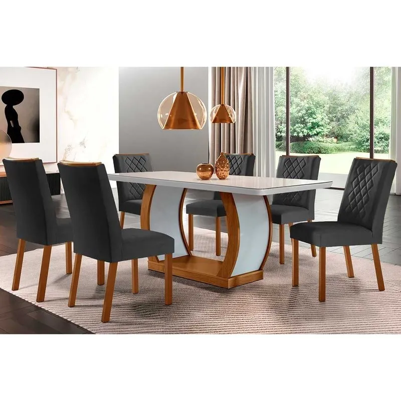 Conjunto: Mesa de Cozinha Jade Tampo Madeirado c/ Vidro Canto Curvo 180x90 e 6 Cadeiras Jade Capuccino/Suede Grafite - Rufato