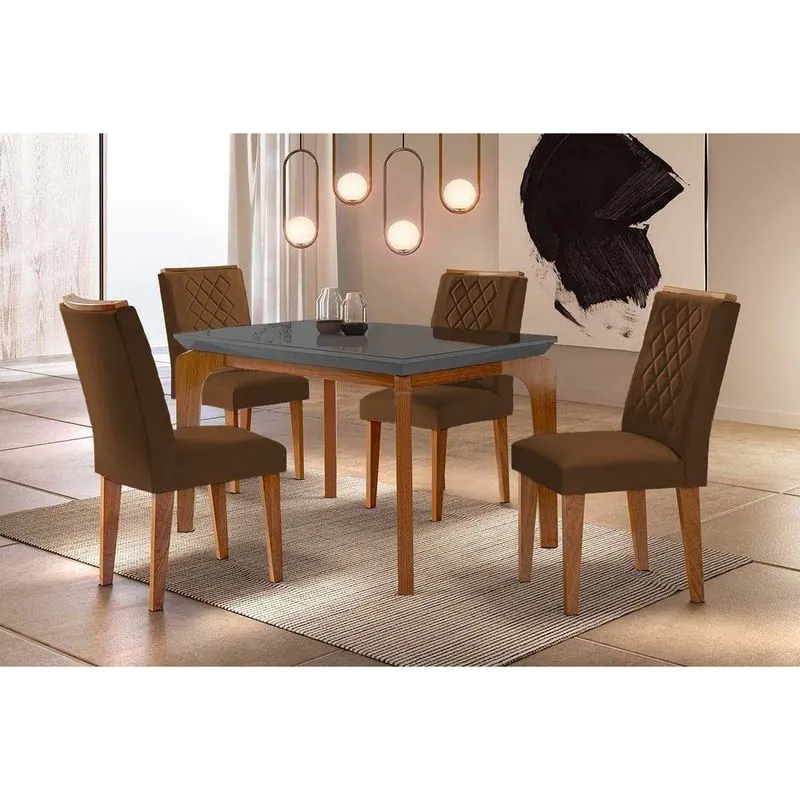 Conjunto: Mesa de Cozinha Londrina c/ Tampo Madeirado c/ Vidro Canto Curvo 120x80cm e 4 cadeiras Jade Imbuia/Grafite - Suede Marrom - Rufato
